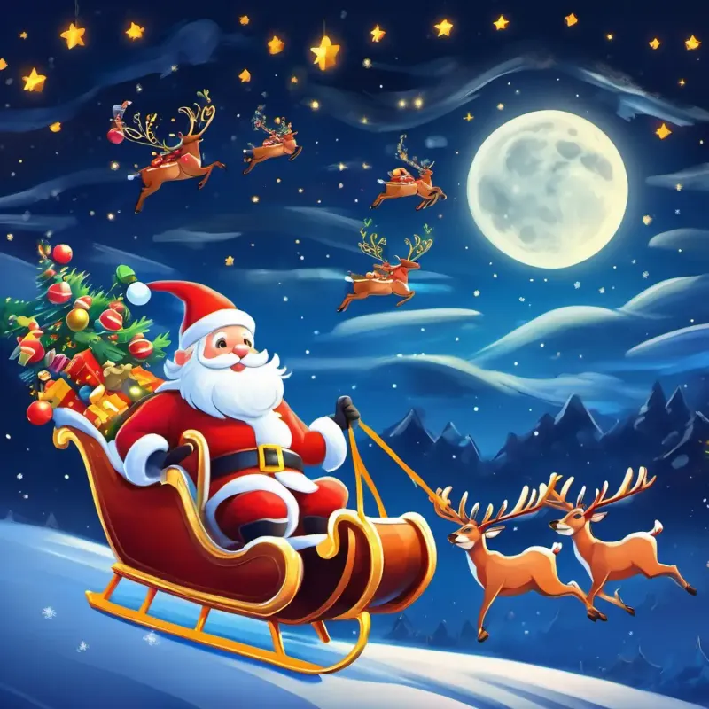 Santa in his sleigh with reindeer, flying through the night sky.