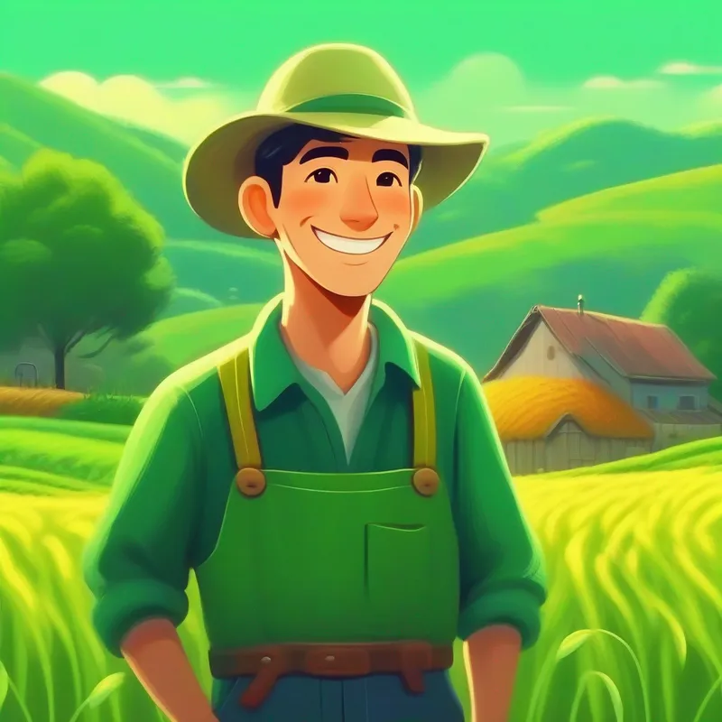 A farmer in a green field with a smiling face.