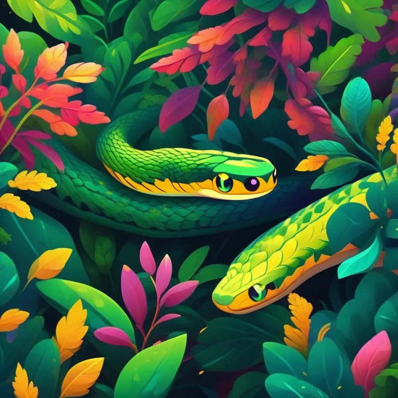 A snake stuck in a bush with bright colors.