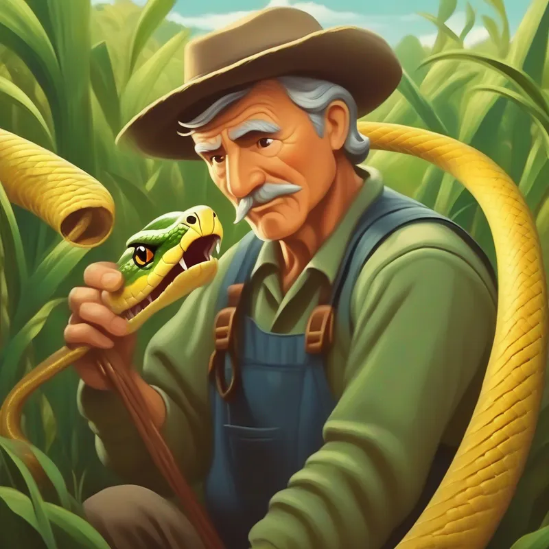The farmer helping the snake with a concerned expression.