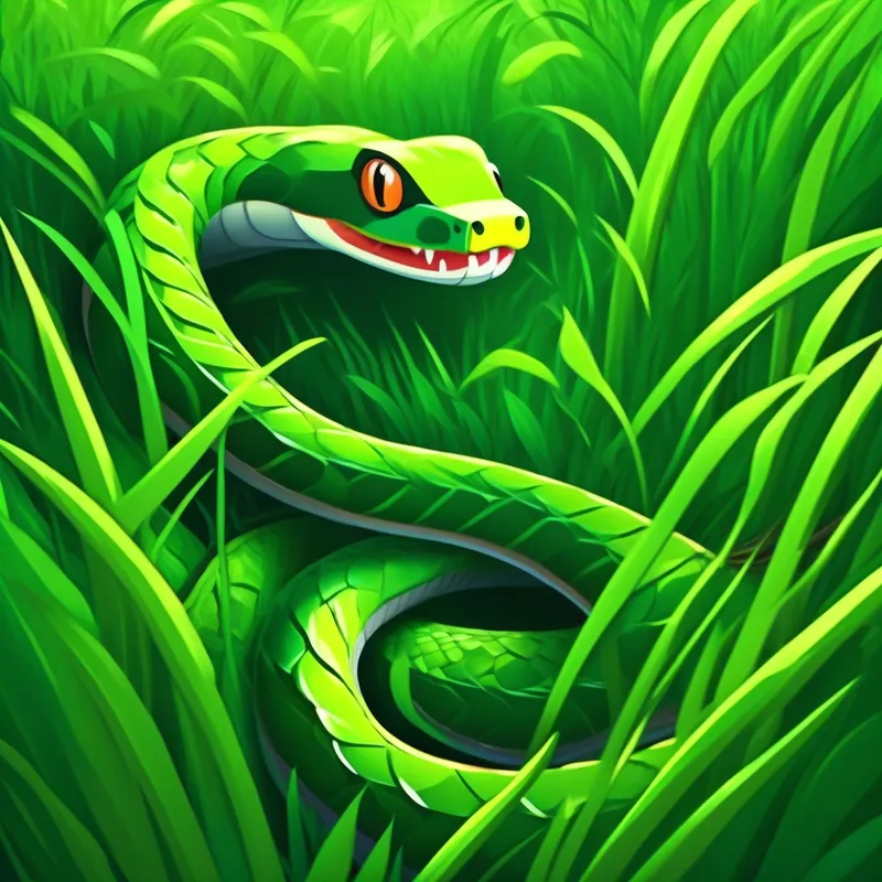A snake happily slithering away into tall green grass.
