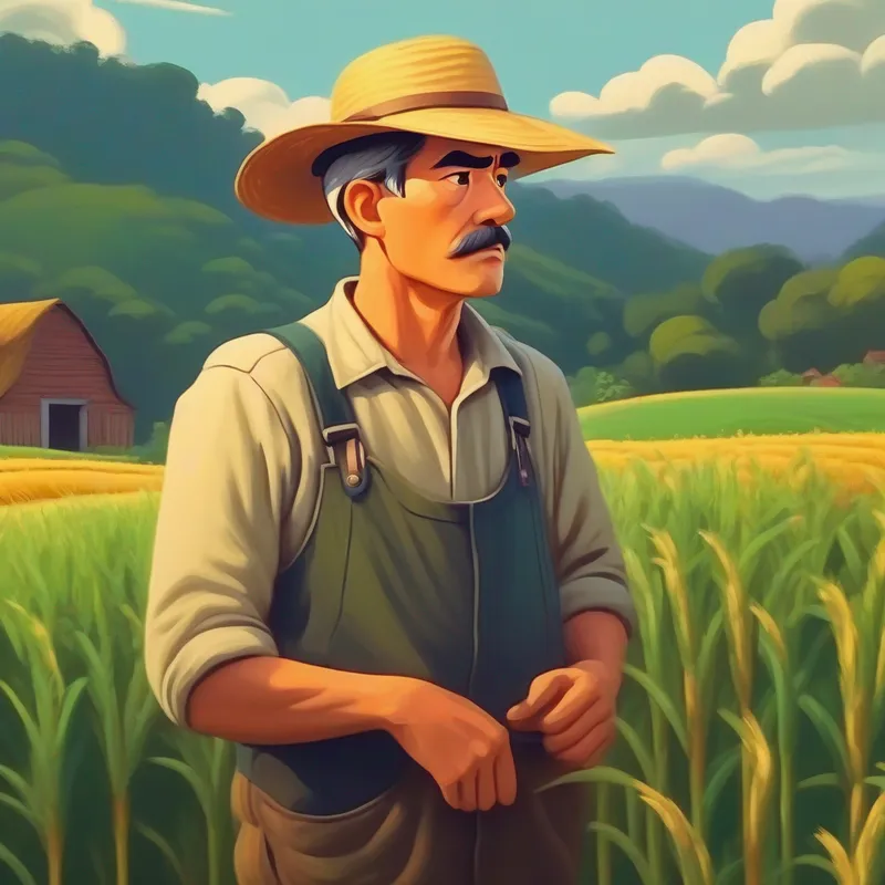 The farmer looking confused and thinking.