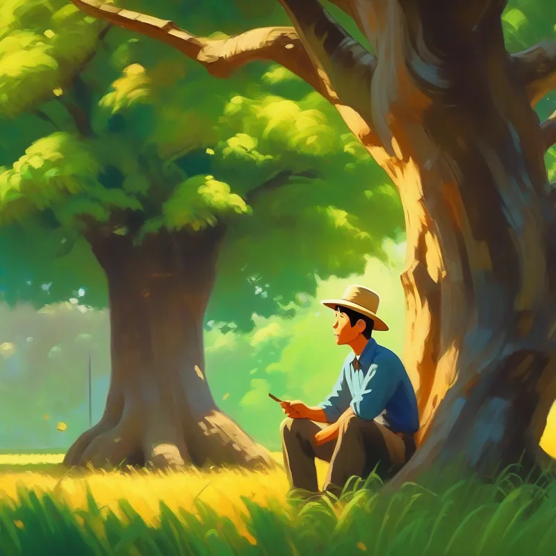 The farmer sitting under a tree, looking surprised.