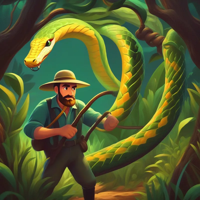 The farmer rescuing the snake with a determined look.