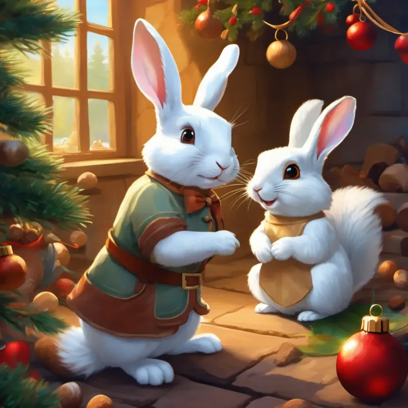 A white rabbit with a gentle and kind expression's plan to teach A brown squirrel with a mischievous glint in his eyes a lesson using painted acorns.