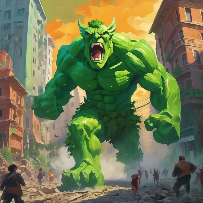 Green giant with sharp teeth and destructive power destroying buildings, people running in fear