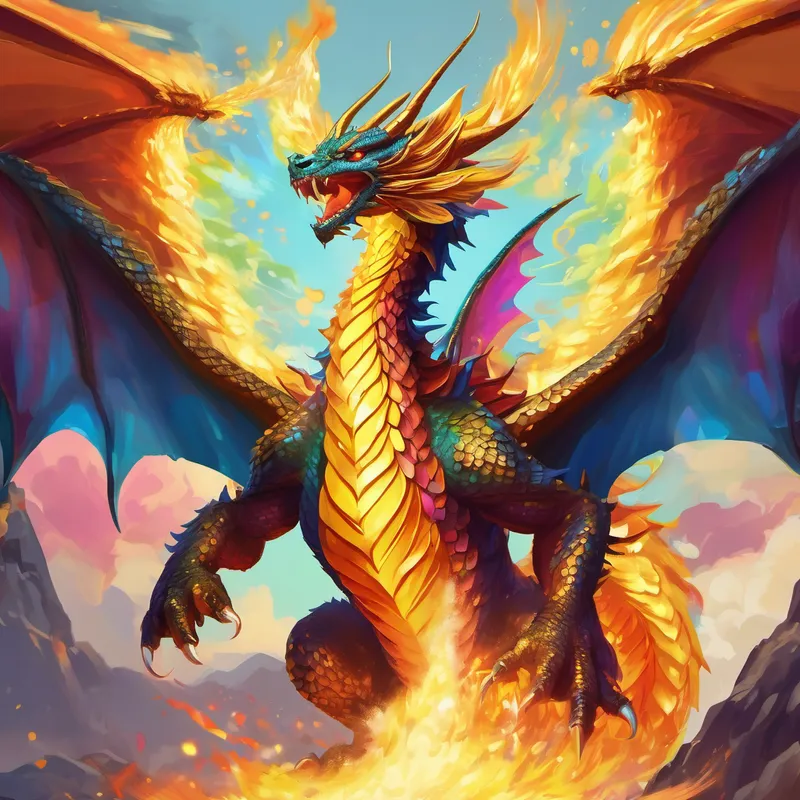 Three-headed dragon with golden scales and wings spitting fire, Giant moth with colorful wings and powerful energy blasts shooting colorful scales