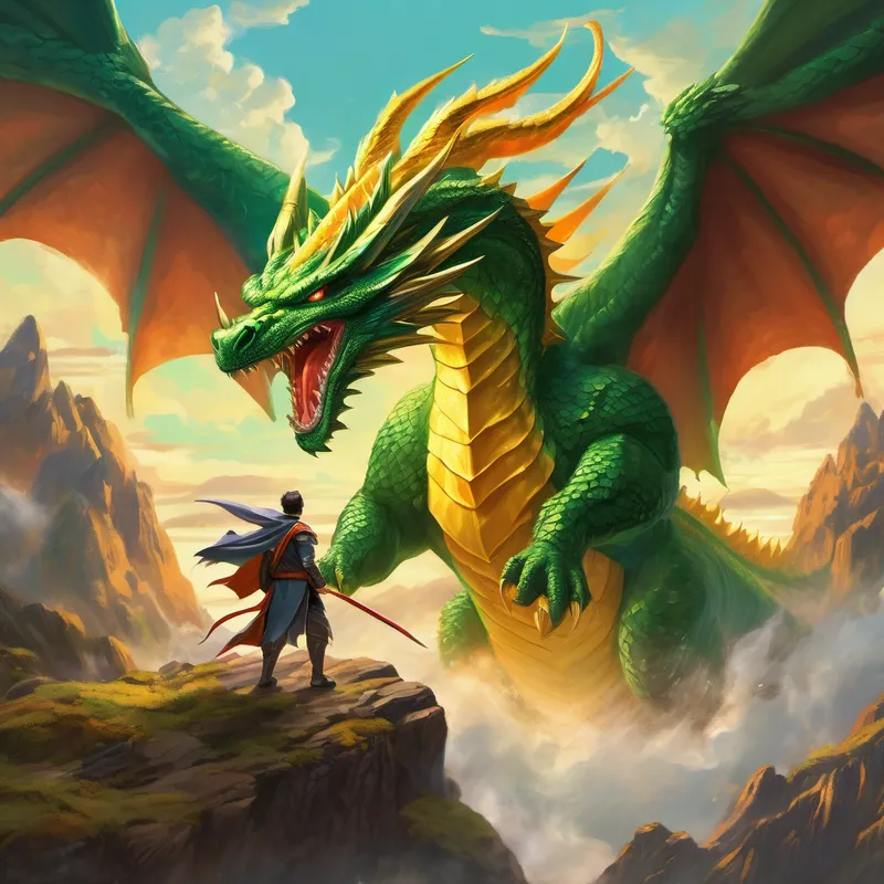 Brave adventurer with a determined expression and cape riding on Three-headed dragon with golden scales and wings, victory over Green giant with sharp teeth and destructive power, Ghidorah and Giant moth with colorful wings and powerful energy blasts