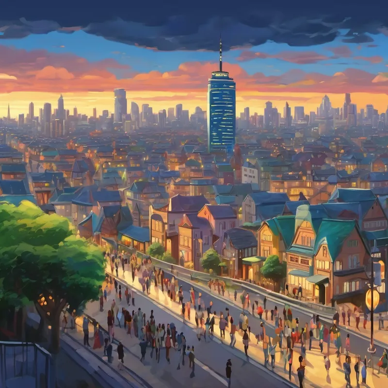 People cheering, city skyline standing tall again