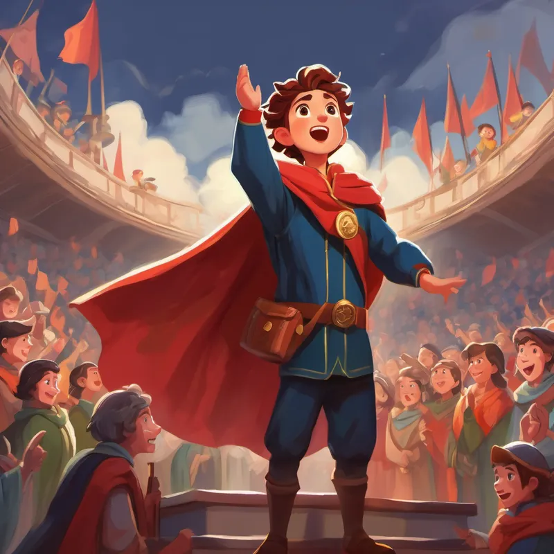 Brave adventurer with a determined expression and cape on a podium, people clapping and cheering