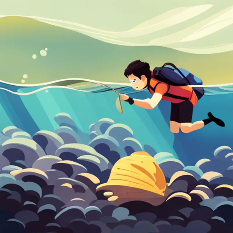 Max diving underwater and finding clams