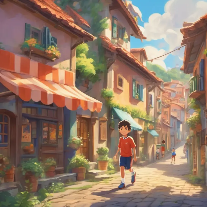 A cheerful town filled with colorful buildings, and a young boy named A young boy with a bright smile, wearing a sparkling soccer jersey and soccer shoes waking up with a big smile.