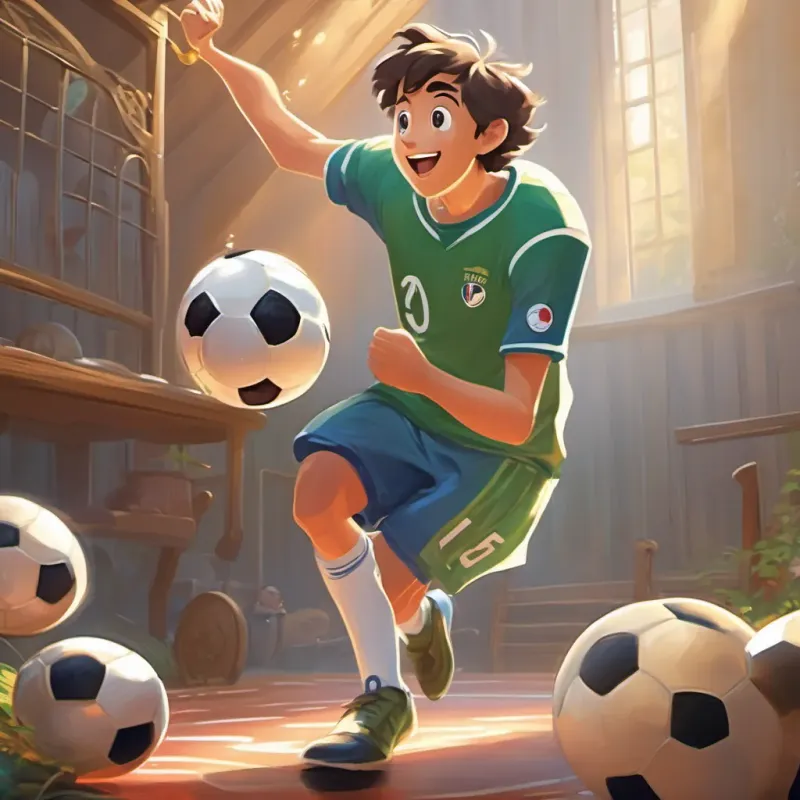 Tim putting on a sparkling soccer jersey with excitement in his eyes.