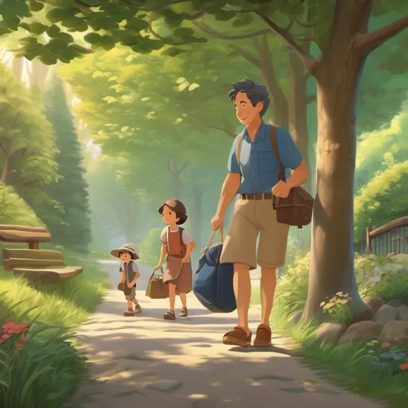 Tim’s mom, packing his bag and tying his shoes, while Tim skips joyfully on a path to the park.