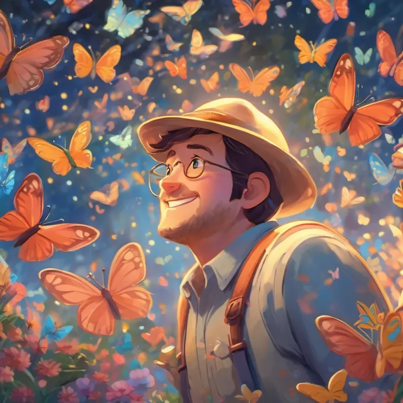 Tim chanting happily, surrounded by animated butterflies fluttering around him.