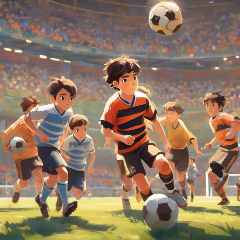 Tim facing the opposing team 'The opposing soccer team, consisting of kids in tiger-striped jerseys' bravely, ready for the challenge.