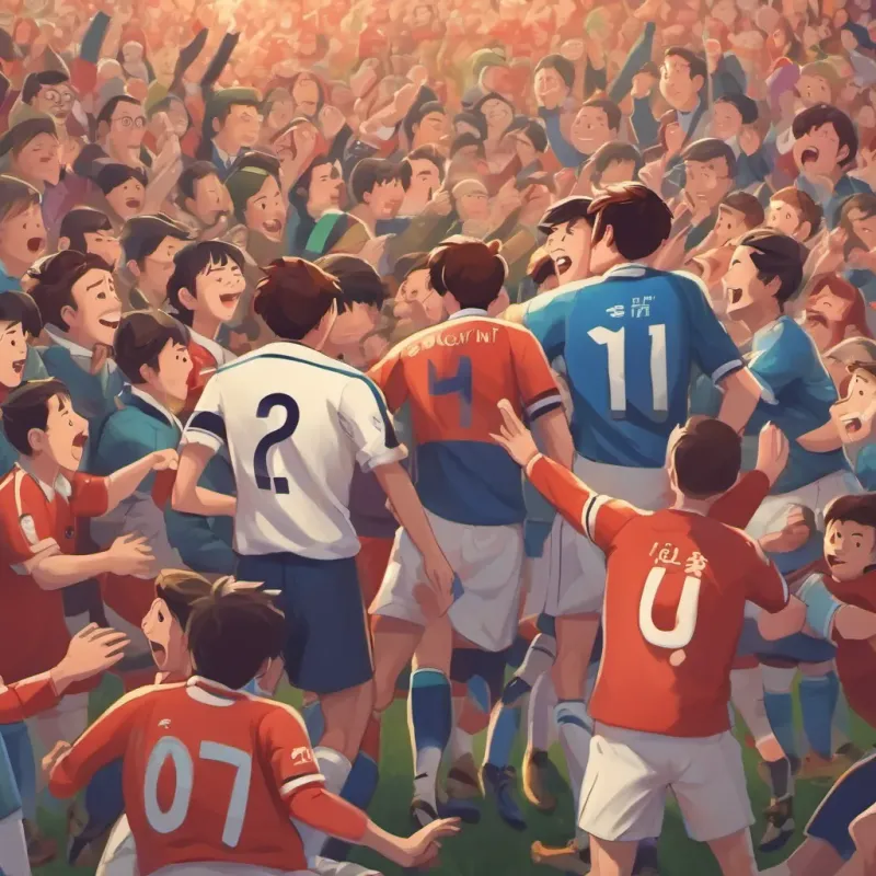 The crowd and Tim's teammates celebrating the scored goal, while the opposing team looks disappointed but sportsmanlike.