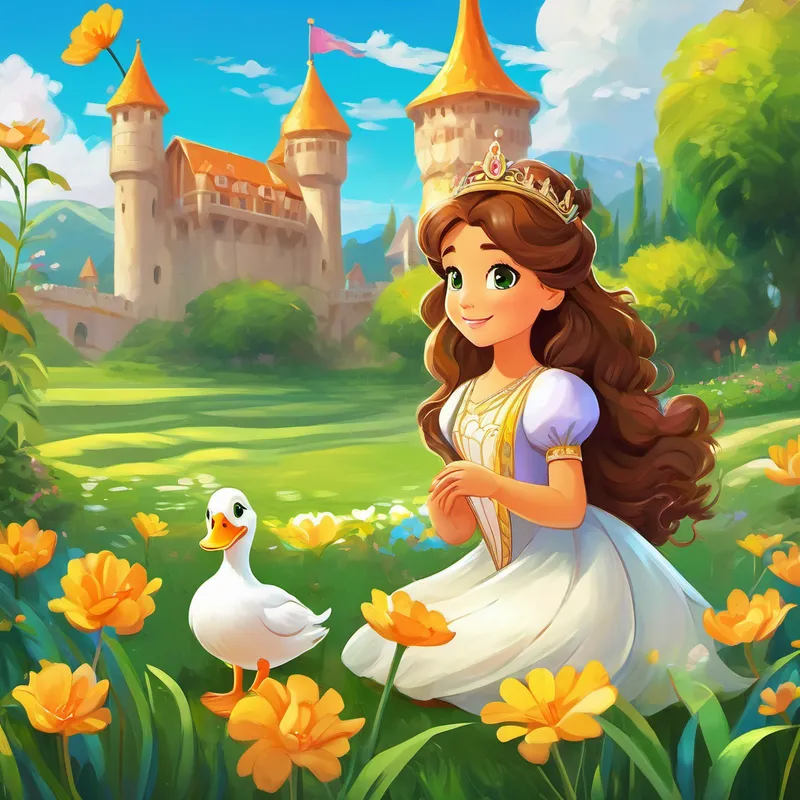 Princess Princess Lily has long brown curly hair, bright green eyes, and a kind smile and Drizzle the Duck has yellow feathers, orange beak, and big round eyes the Duck sitting on a grassy field, with colorful flowers and a big castle in the background