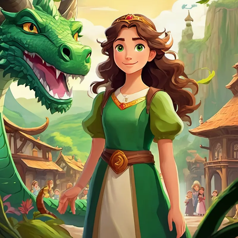 Princess Princess Lily has long brown curly hair, bright green eyes, and a kind smile standing bravely in front of a big and scary dragon, with villagers looking afraid in the background