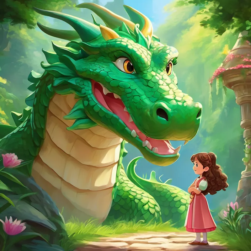 Princess Princess Lily has long brown curly hair, bright green eyes, and a kind smile talking to the dragon with a calm and kind expression on her face, while the dragon looks curious and interested
