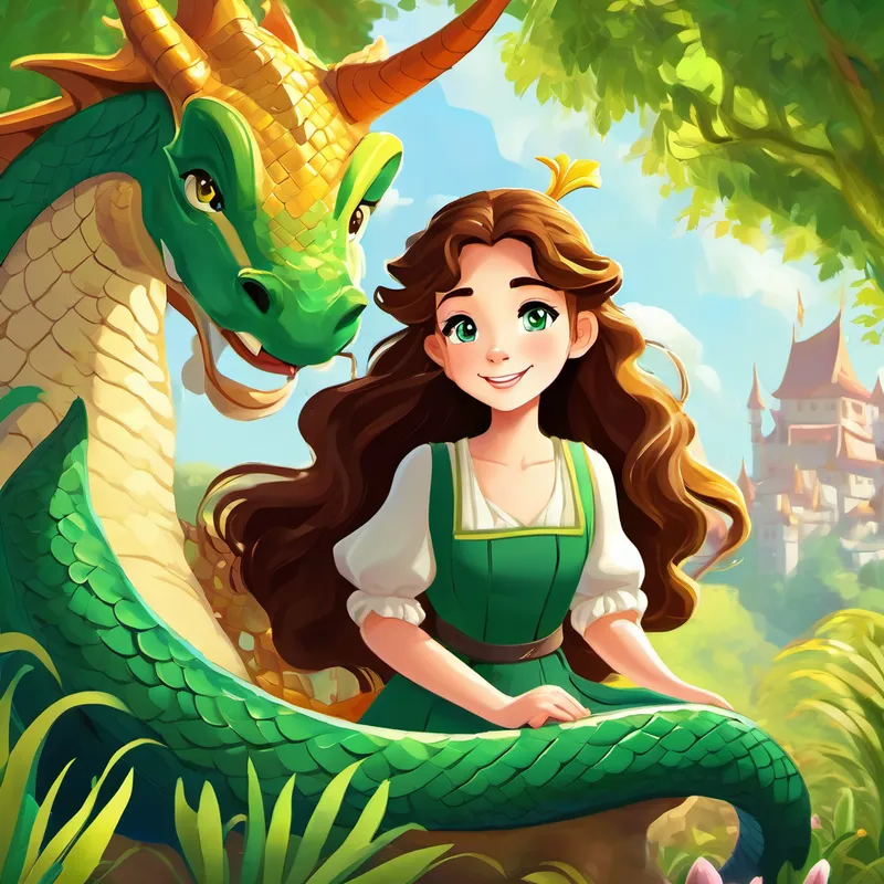 Princess Princess Lily has long brown curly hair, bright green eyes, and a kind smile sitting next to the dragon, both smiling and looking happy, with the kingdom and its people safe in the background