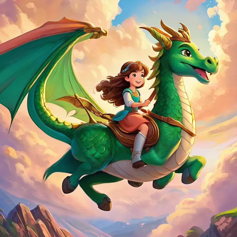 Princess Princess Lily has long brown curly hair, bright green eyes, and a kind smile riding on the back of the dragon, both flying high in the sky, with a joyful expression on both their faces