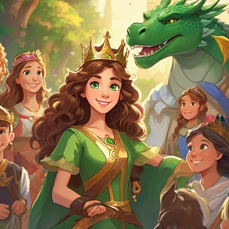 Princess Princess Lily has long brown curly hair, bright green eyes, and a kind smile with a crown on her head, surrounded by people from the kingdom who are now happy and grateful, with a banner that says 'Dragon Whisperer Princess'