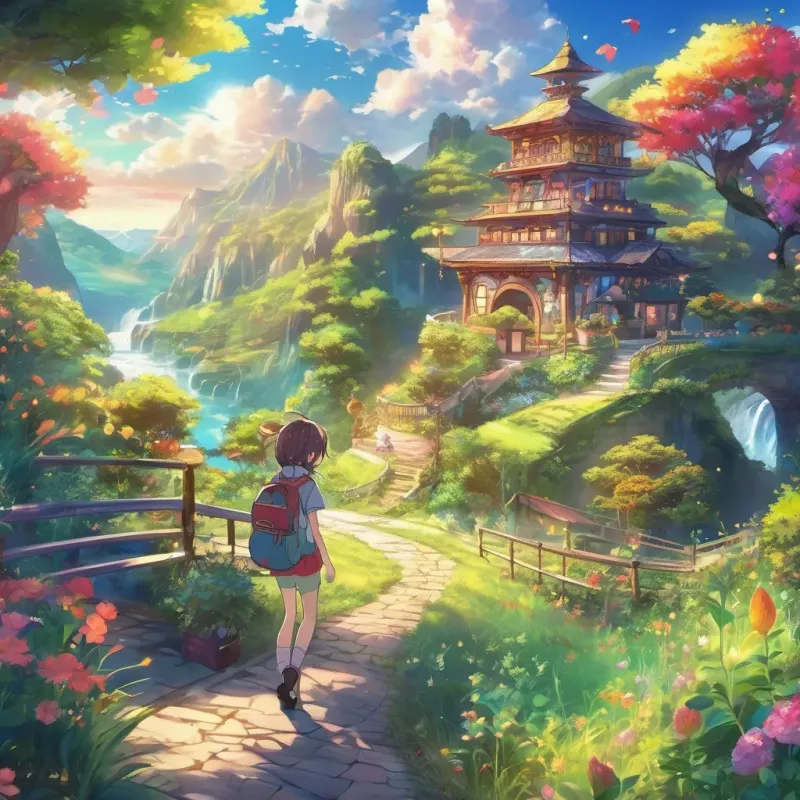 An enchanting landscape with a tiny character named A tiny, whimsical character with a sparkling smile and bright personality, in a vibrant and enchanting setting, who has a sparkling smile.