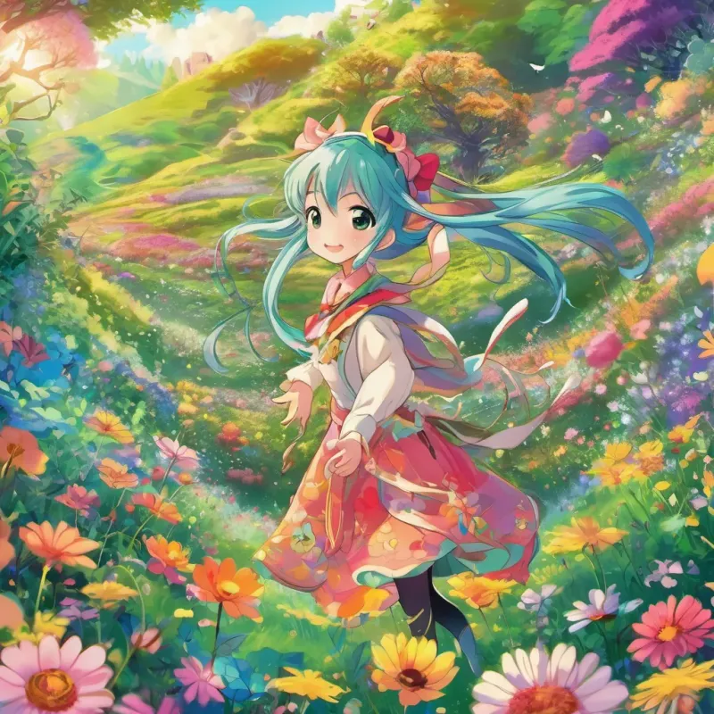 A tiny, whimsical character with a sparkling smile and bright personality, in a vibrant and enchanting setting hopping and skipping around a colorful, whimsical meadow.