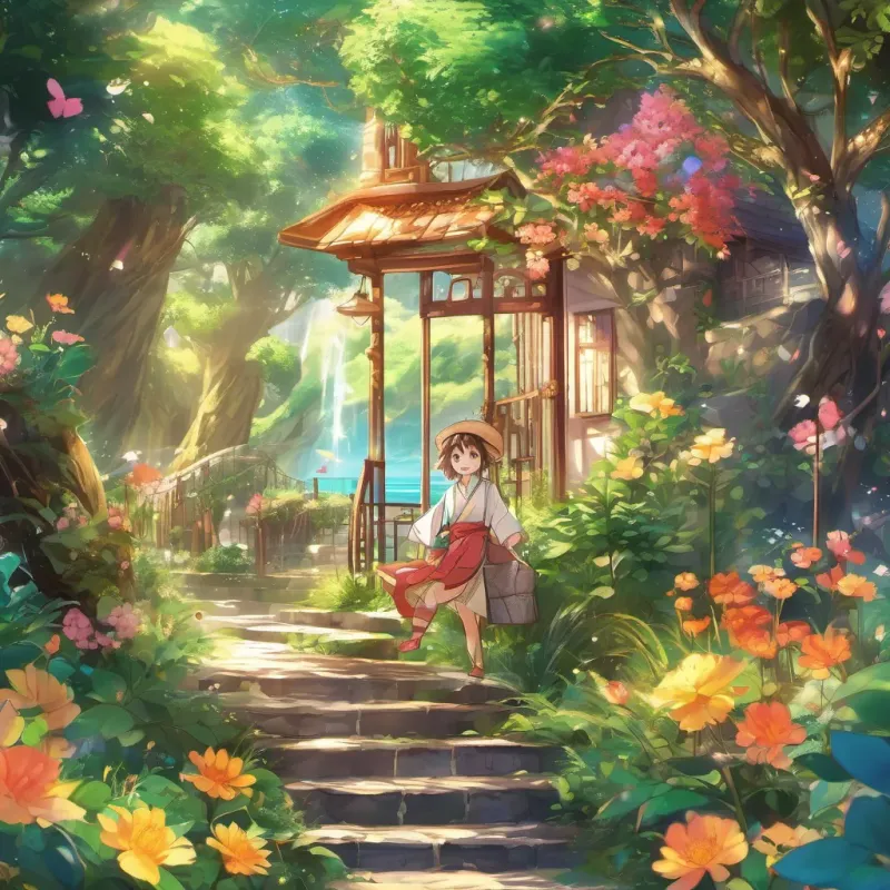 A tiny, whimsical character with a sparkling smile and bright personality, in a vibrant and enchanting setting beaming with pride and joy, preparing for new adventures with the wind guiding him.