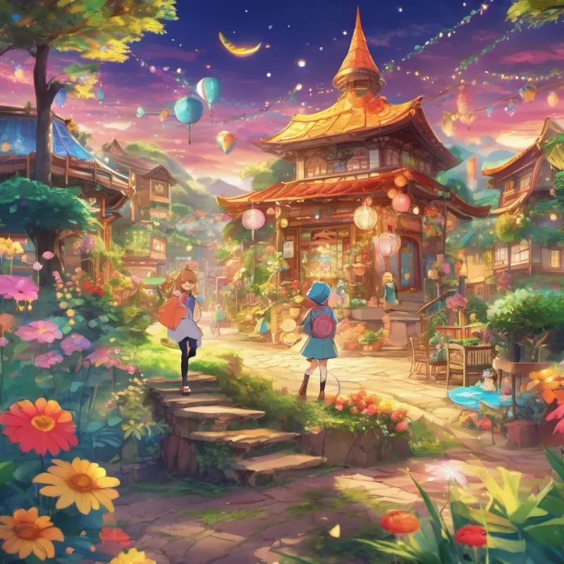 A vibrant scene showing A tiny, whimsical character with a sparkling smile and bright personality, in a vibrant and enchanting setting spreading joy across the land, with happy creatures and lively environments.