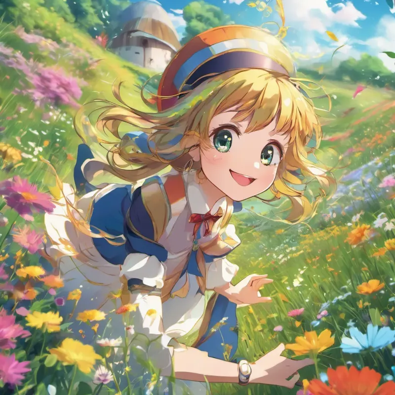 A tiny, whimsical character with a sparkling smile and bright personality, in a vibrant and enchanting setting reacting excitedly to the sound of whooshing wind in a sunny, vibrant meadow.