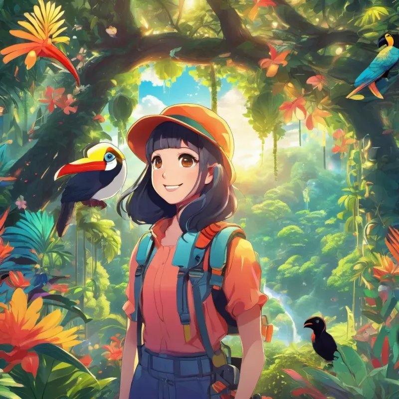 A tiny, whimsical character with a sparkling smile and bright personality, in a vibrant and enchanting setting marveling at the sight of treetops filled with toucans and other whimsical elements. The setting appears dreamy and surreal.