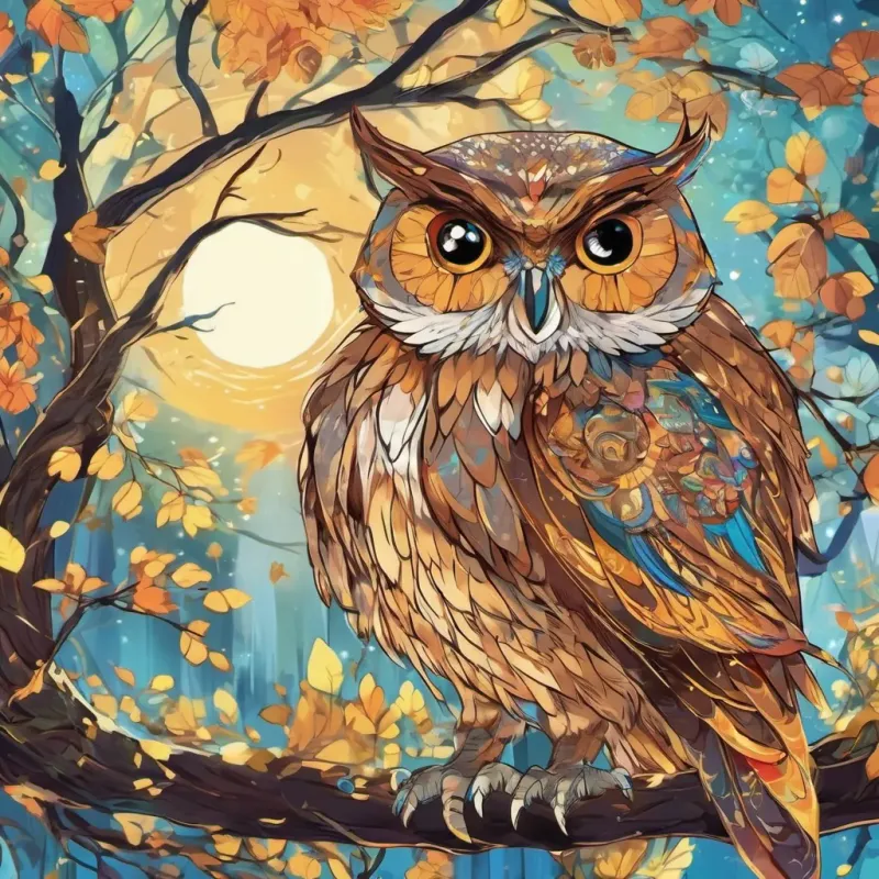 A wise old owl named A wise old owl with rich, honey-like feathers and a thoughtful expression, exuding wisdom and care giving advice to A tiny, whimsical character with a sparkling smile and bright personality, in a vibrant and enchanting setting in the glen.