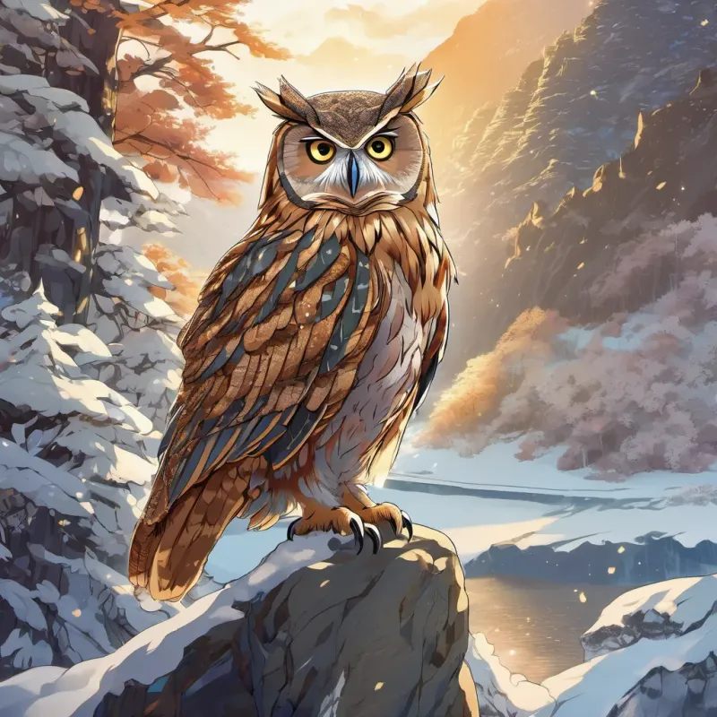 A wise old owl with rich, honey-like feathers and a thoughtful expression, exuding wisdom and care giving directions with a backdrop of icy hills and a hint of shimmer in the distance.