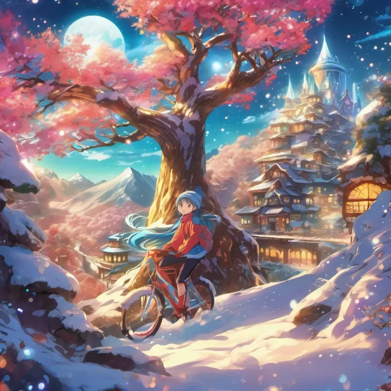 A tiny, whimsical character with a sparkling smile and bright personality, in a vibrant and enchanting setting enthusiastically climbing icy hills toward a glowing magical tree.