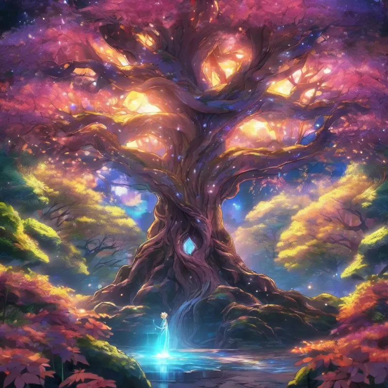 A glowing magical tree speaking with a warm, wise expression.
