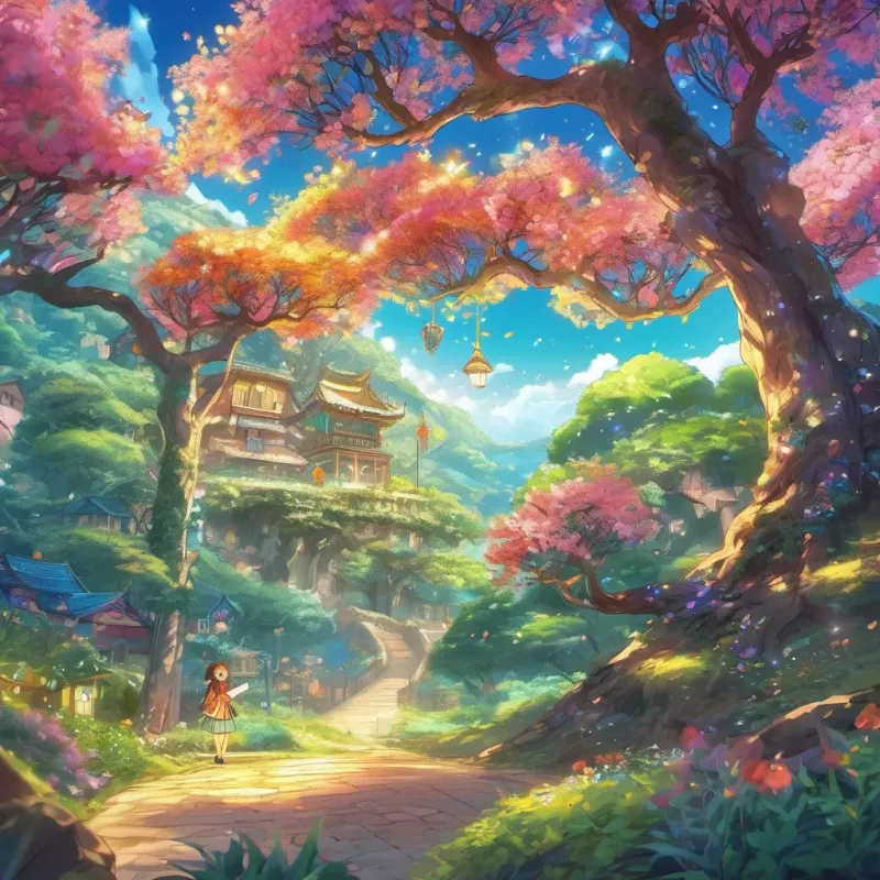 The magical tree explaining to A tiny, whimsical character with a sparkling smile and bright personality, in a vibrant and enchanting setting about the source of the wind in a spreading cheer.