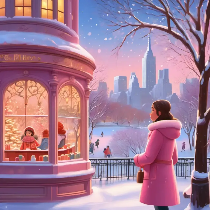 A girl with rosy cheeks, sparkly eyes, in a pink winter coat enjoying Central Park, hot chocolate, and window displays, meeting Santa!