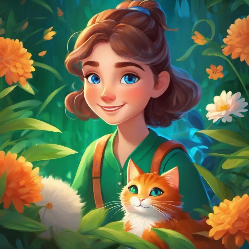 Introducing Brave, kind girl with bright blue eyes and joyful smile, her new life, and magical Dreamland with Magical talking cat, fluffy with emerald green eyes.