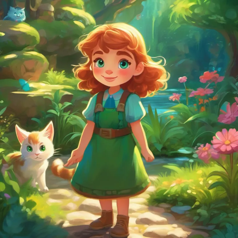 Brave, kind girl with bright blue eyes and joyful smile and Magical talking cat, fluffy with emerald green eyes in the Gumdrop Gardens, talking to a magical brook.