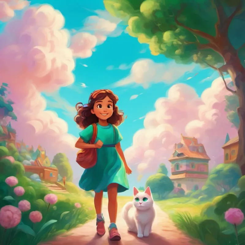 Brave, kind girl with bright blue eyes and joyful smile and Magical talking cat, fluffy with emerald green eyes bouncing on cotton candy clouds, learning about acceptance.