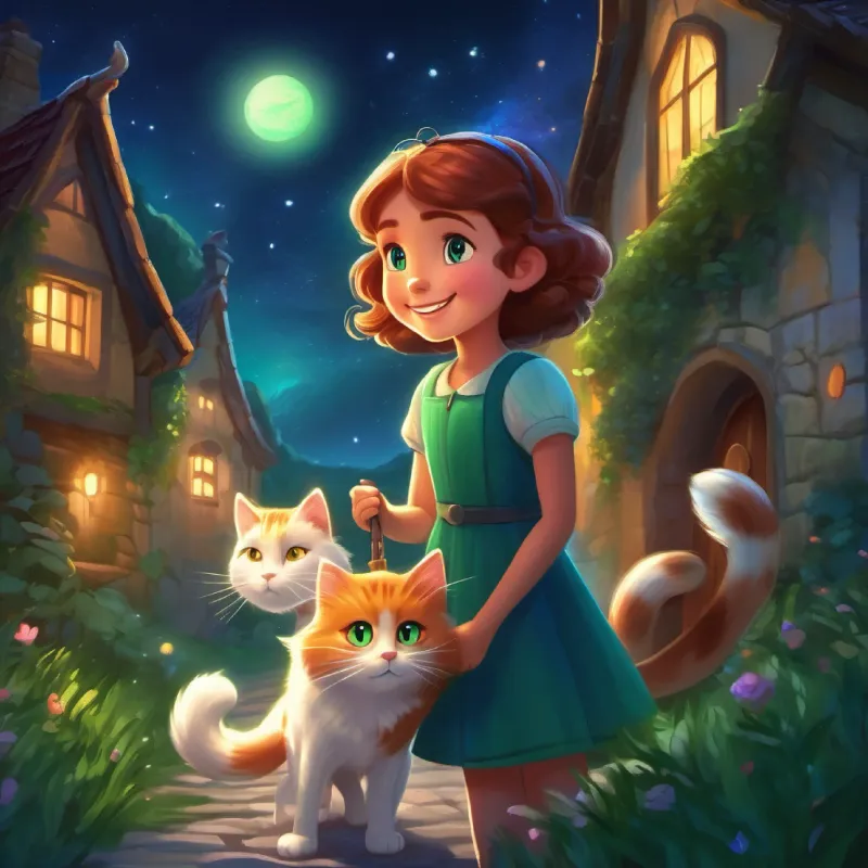 Brave, kind girl with bright blue eyes and joyful smile and Magical talking cat, fluffy with emerald green eyes on Starlight Lane, talking about finding her way.