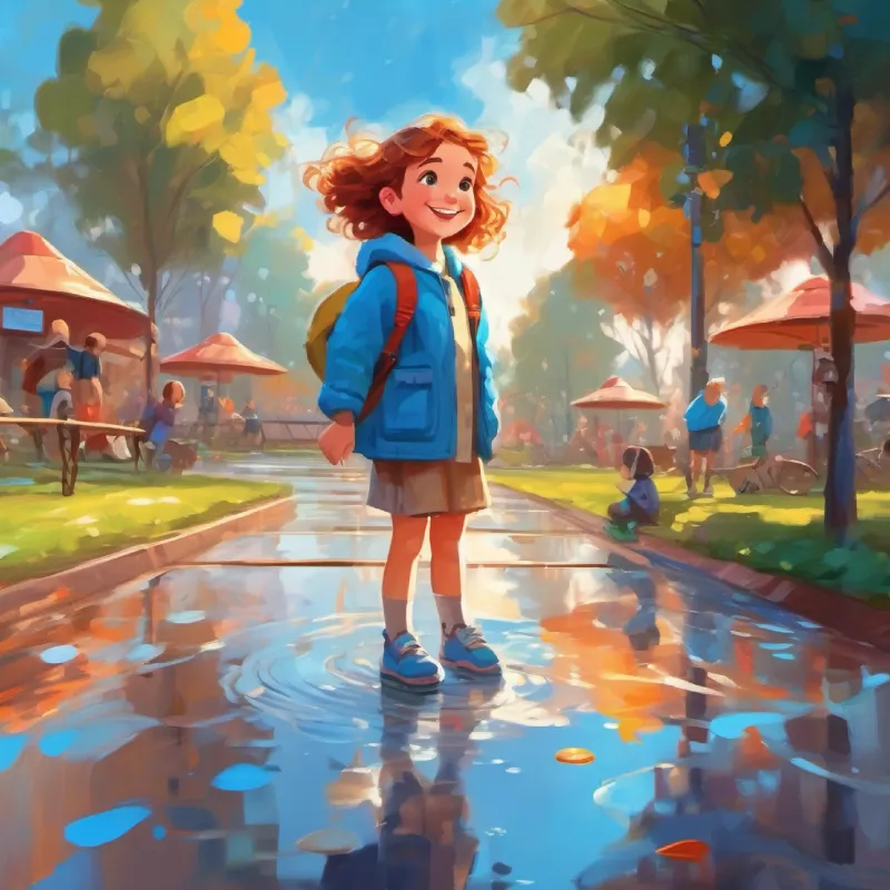 Brave, kind girl with bright blue eyes and joyful smile reflects on joyful memories in the Playground of Puddles.