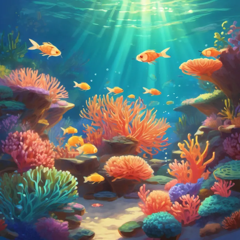 Coral reef setting, introduction of shrimp family, tooth-brushing demonstration.