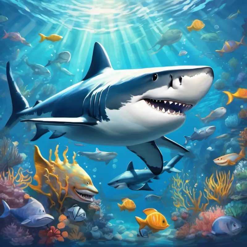 Sea creatures' admiration for Big, friendly shark with a shiny smile Blue-gray skin, bright twinkling eyes, underwater community interaction.