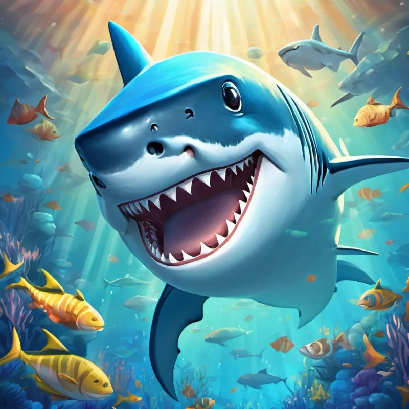 Growing fame of Big, friendly shark with a shiny smile Blue-gray skin, bright twinkling eyes, underwater gathering scene.
