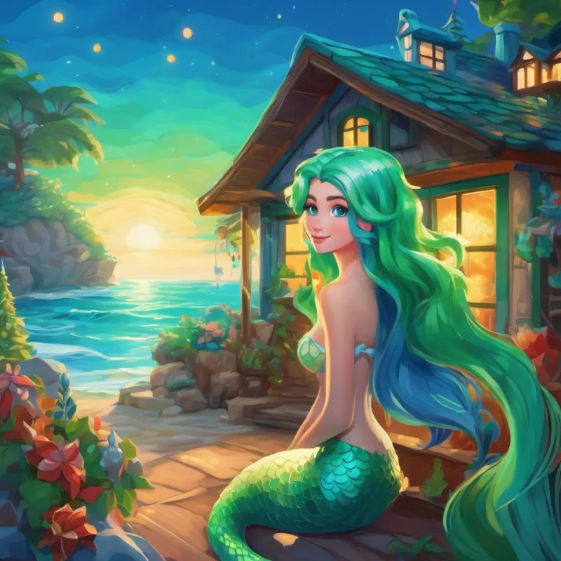 Introducing Mermaid with long, green hair, blue tail, bright blue eyes and her home at Crystal Cove.