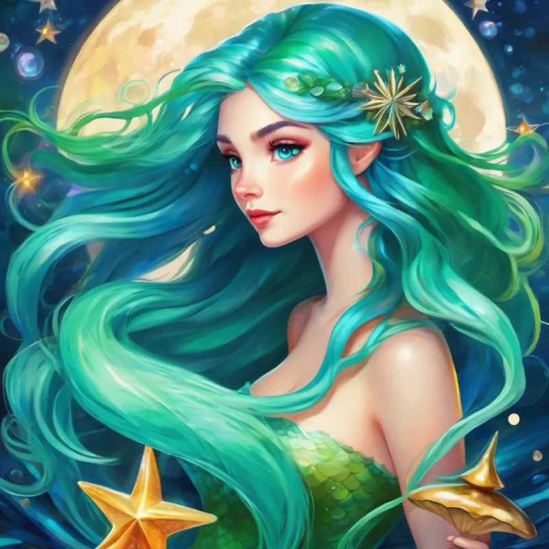 Mermaid with long, green hair, blue tail, bright blue eyes discovers a moonstone with magical properties.