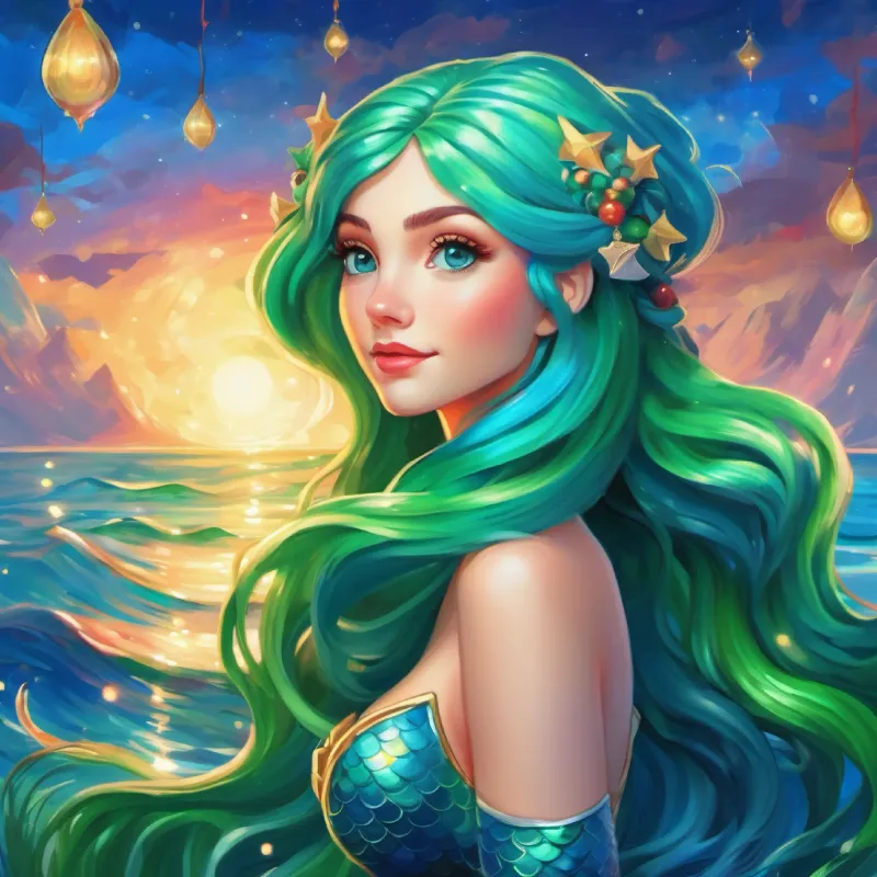 Mermaid with long, green hair, blue tail, bright blue eyes reflects on the true source of her power.